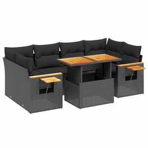 vidaXL 7 r&eacute;szes fekete polyrattan kerti &uuml;lőgarnit&uacute;ra p&aacute;rn&aacute;val