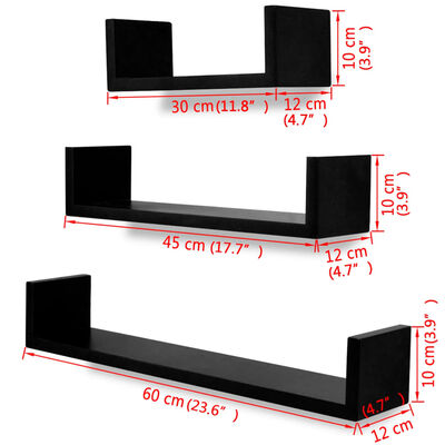 3 fekete MDF U-alakú lebegő fali könyvpolc/DVD tároló
