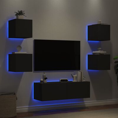 vidaXL 5 darab fekete falra szerelhető TV-szekrény LED-del