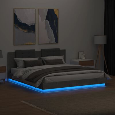 vidaXL betonszürke ágykeret fejtámlával és LED-világítással 160x200 cm