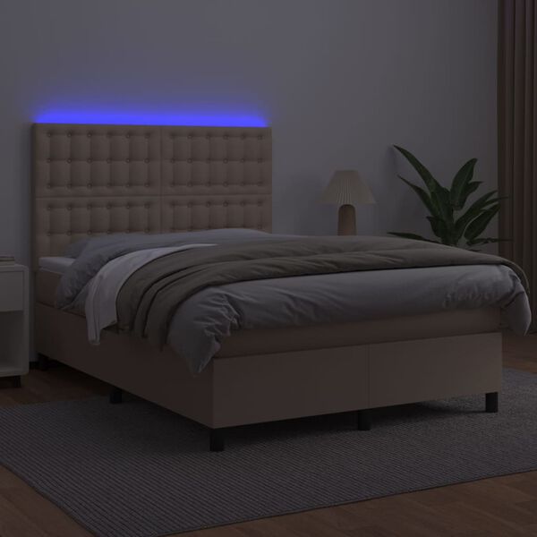 vidaXL cappuccino sz&iacute;nű műbőr rug&oacute;s &aacute;gy matraccal &eacute;s LED-del 140x200cm