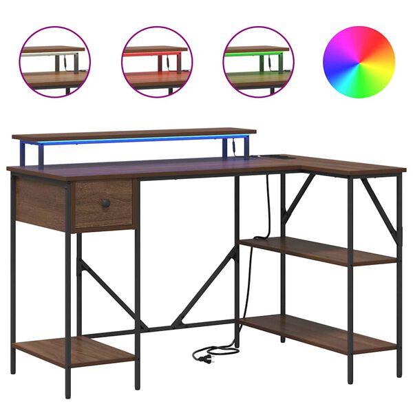 vidaXL Asztal LED -es l&aacute;mp&aacute;kkal Barna T&ouml;lgy 120 x 79 x 86,5 cm Faanyag