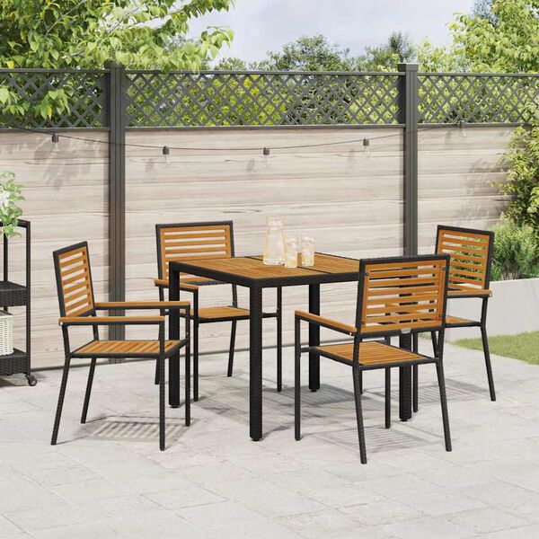 vidaXL Kert étkező szett 5 pcs Fekete és Fa 90 x 90 x 75 cm polirattan