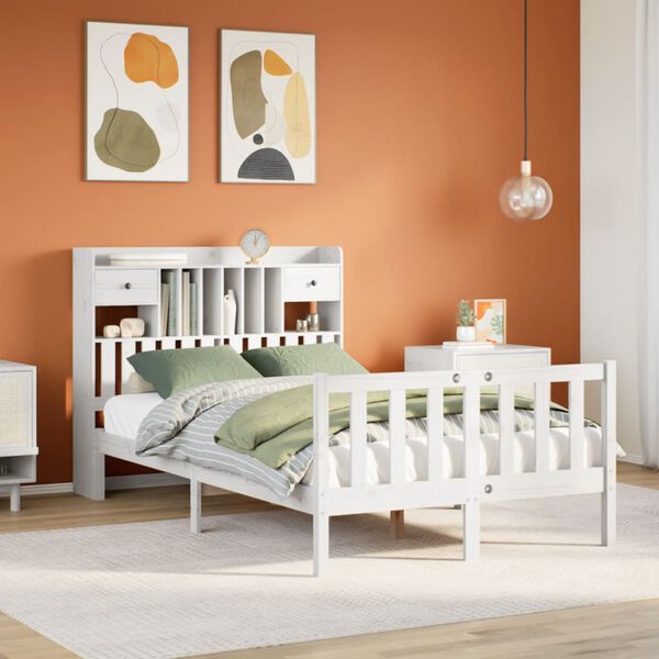 vidaXL fehér tömör fenyőfa könyvespolcos ágy matrac nélkül 135x190 cm