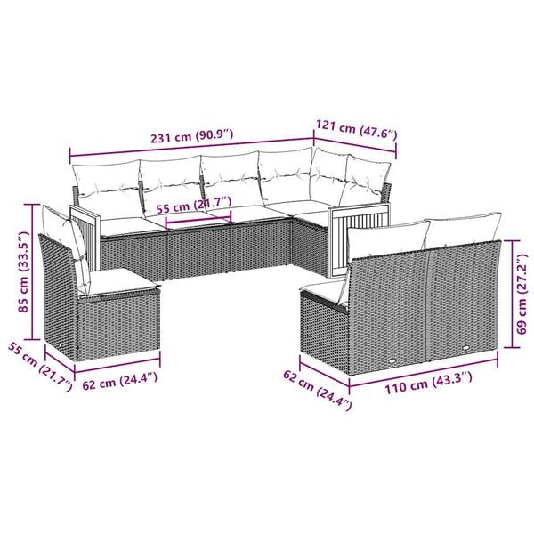 vidaXL 8 r&eacute;szes fekete polyrattan kerti &uuml;lőgarnit&uacute;ra p&aacute;rn&aacute;kkal