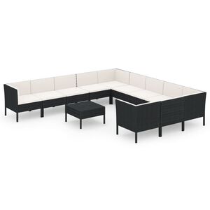 vidaXL 12 r&eacute;szes fekete polyrattan kerti &uuml;lőgarnit&uacute;ra p&aacute;rn&aacute;kkal