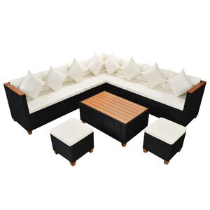 vidaXL 7-r&eacute;szes fekete polyrattan kerti b&uacute;torszett p&aacute;rn&aacute;kkal