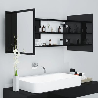 vidaXL magasfényű fekete akril LED-es tükrös fürdőszobaszekrény