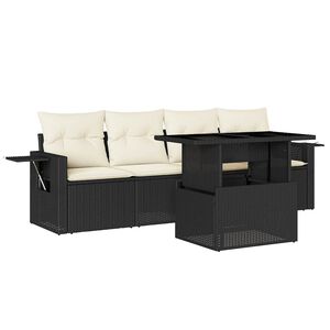 vidaXL 5 r&eacute;szes fekete polyrattan kerti kanap&eacute;szett p&aacute;rn&aacute;kkal