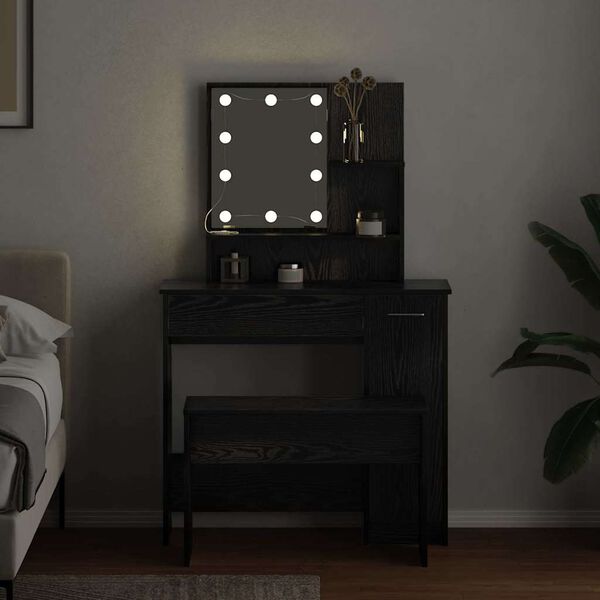 vidaXL LED Sminkasztal Szett fi&oacute;kkal 2 pcs Fekete t&ouml;lgy Faanyag