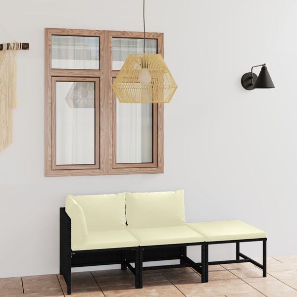 vidaXL 3 r&eacute;szes fekete polyrattan kerti &uuml;lőgarnit&uacute;ra p&aacute;rn&aacute;kkal