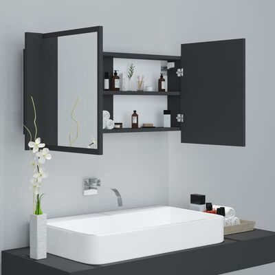 vidaXL szürke akril LED-es tükrös fürdőszobaszekrény 90x12x45 cm
