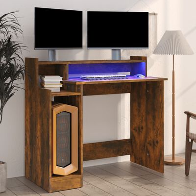 vidaXL füstös tölgy színű szerelt fa íróasztal LED-ekkel 97x45x90 cm