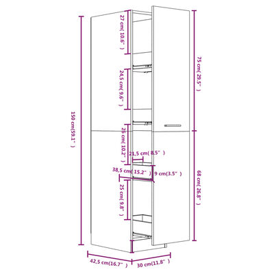 vidaXL betonszürke forgácslap patikaszekrény 30 x 42,5 x 150 cm