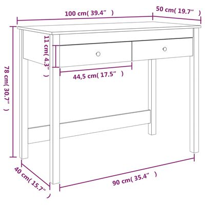 vidaXL tömör fenyőfa íróasztal fiókokkal 100 x 50 x 78 cm