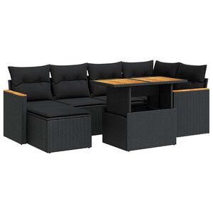 vidaXL 7 r&eacute;szes fekete polyrattan ak&aacute;cfa kerti &uuml;lőgarnit&uacute;ra p&aacute;rn&aacute;val