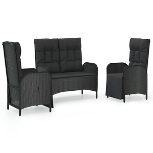 vidaXL 3 r&eacute;szes fekete polyrattan kerti &eacute;tkezőgarnit&uacute;ra p&aacute;rn&aacute;kkal