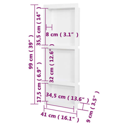 vidaXL matt fehér zuhanyfal-mélyedés 3 rekesszel 41 x 99 x 9 cm