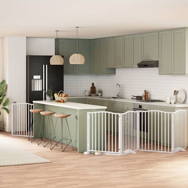 vidaXL feh&eacute;r ny&aacute;rfa 8 paneles &ouml;sszecsukhat&oacute; kutyakapu ajt&oacute;val 640 cm