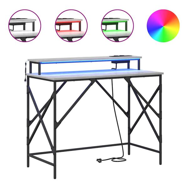 vidaXL Asztal polcokkal Sz&uuml;rke Sonoma 100 x 50 x 86,5 cm Faanyag