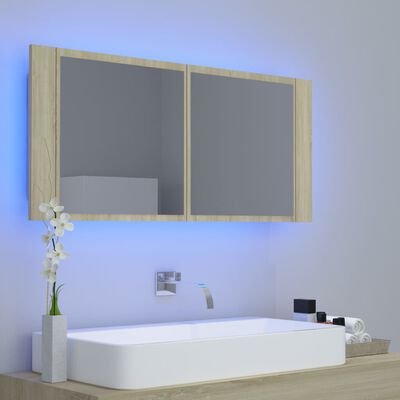 vidaXL tölgyszínű akril LED-es tükrös fürdőszobaszekrény 100x12x45 cm