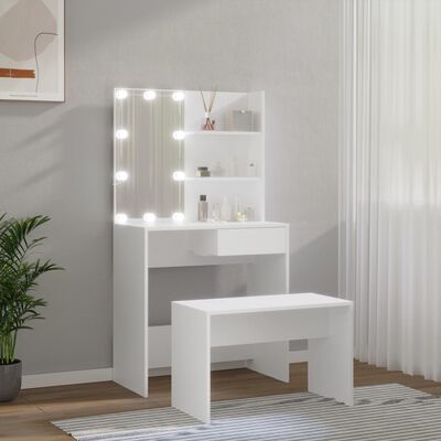 vidaXL fehér szerelt fa fésülködőasztal-szett LED-ekkel