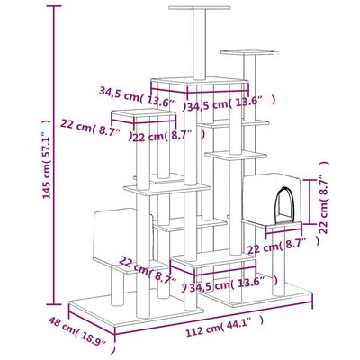 vidaXL világosszürke macskabútor szizál kaparófákkal 145 cm