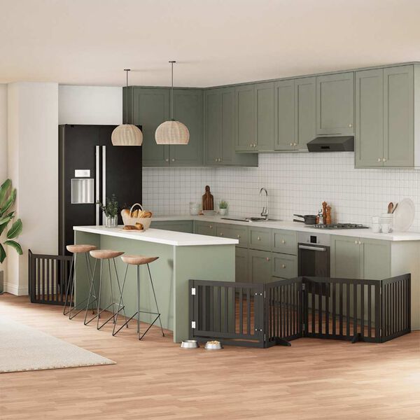 vidaXL fekete ny&aacute;rfa 6 paneles &ouml;sszecsukhat&oacute; kutyakapu ajt&oacute;val 480 cm