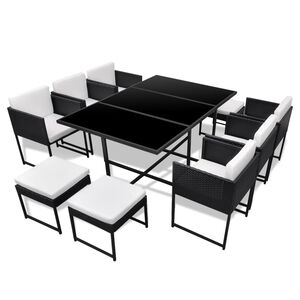 vidaXL 11-r&eacute;szes fekete polyrattan k&uuml;lt&eacute;ri &eacute;tkezőszett p&aacute;rn&aacute;kkal