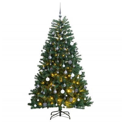 vidaXL csuklópántos műkarácsonyfa 150 LED-del és gömbökkel 150 cm