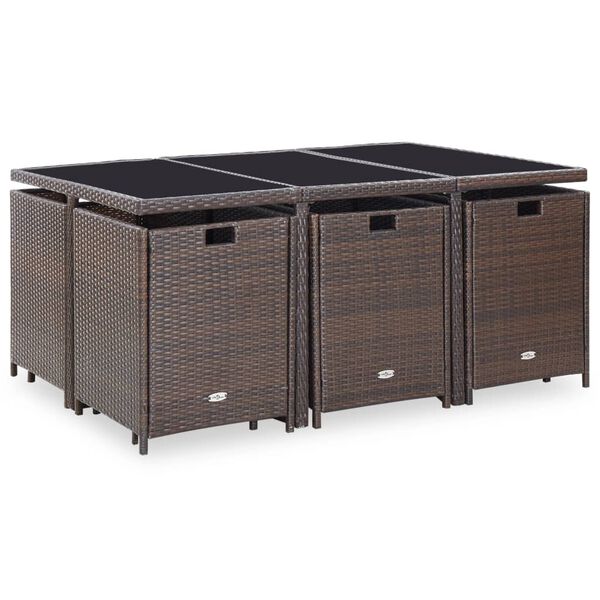 vidaXL 11-részes barna kültéri polyrattan étkezőszett párnákkal