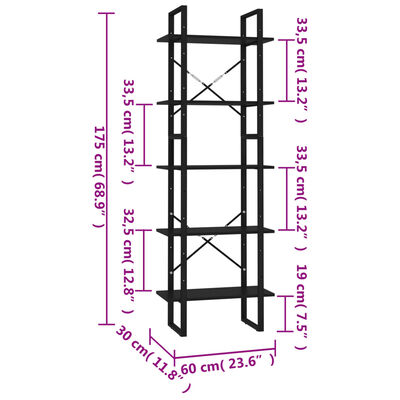 vidaXL 5-szintes fekete forgácslap könyvszekrény 60 x 30 x 175 cm cm