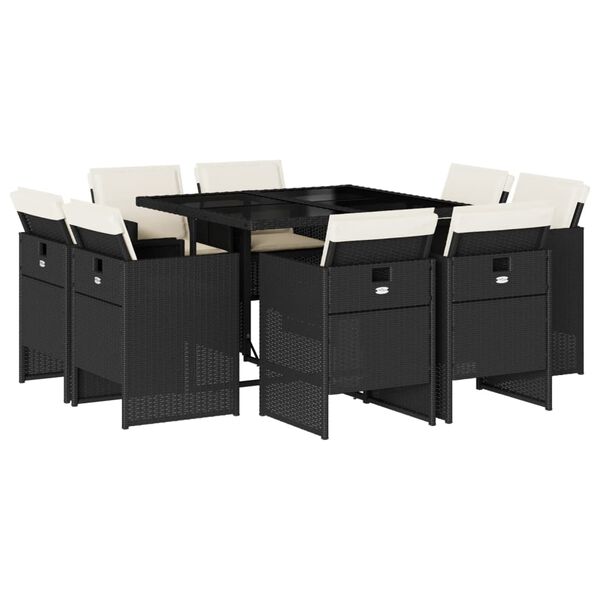 vidaXL 9 részes fekete polyrattan kerti étkezőgarnitúra párnákkal