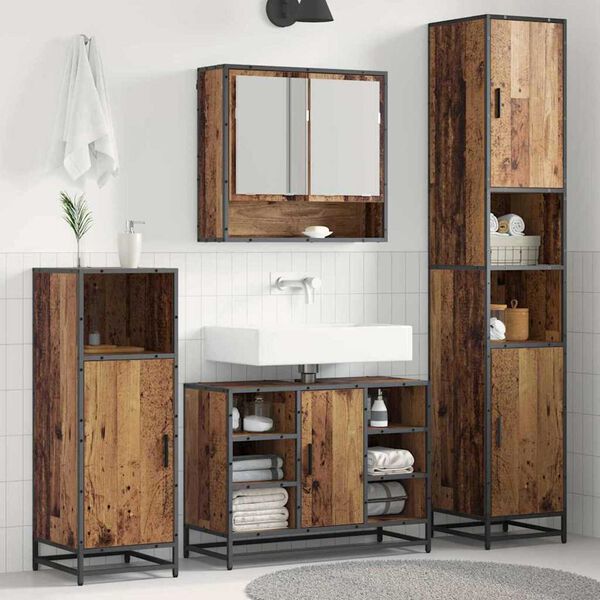 vidaXL F&uuml;rdőszoba b&uacute;tor szett polcokkal ajt&oacute;val 3 pcs &Ouml;reg fa Faanyag