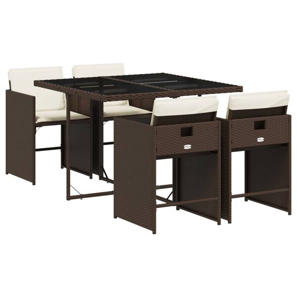 vidaXL 5 r&eacute;szes barna polyrattan kerti &eacute;tkezőgarnit&uacute;ra p&aacute;rn&aacute;kkal