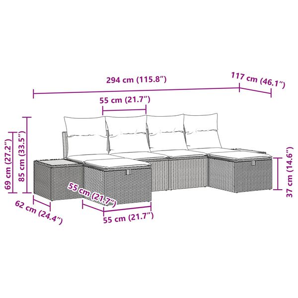 vidaXL Kerti Kanap&eacute; Szett 6 pcs Fekete 55 x 62 x 69 cm Poli rattan