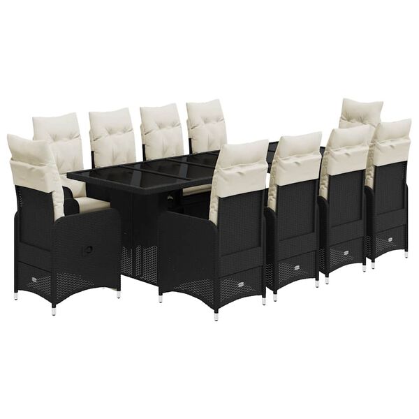 vidaXL 11 r&eacute;szes fekete polyrattan kerti bisztr&oacute;garnit&uacute;ra p&aacute;rn&aacute;kkal