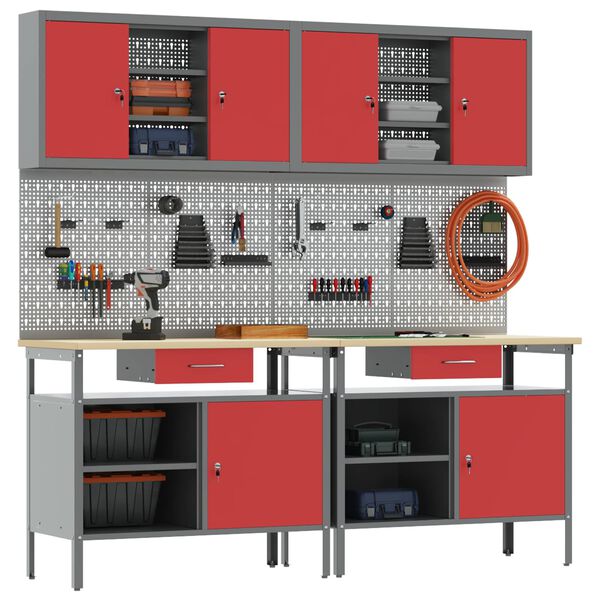 vidaXL Munkapad k&eacute;szlet fi&oacute;kkal 8 pcs Piros &eacute;s Sz&uuml;rke Porsz&oacute;rt ac&eacute;l