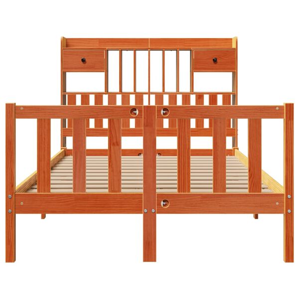 vidaXL barna t&ouml;m&ouml;r fenyőfa k&ouml;nyvespolcos &aacute;gy matrac n&eacute;lk&uuml;l 135 x 190cm