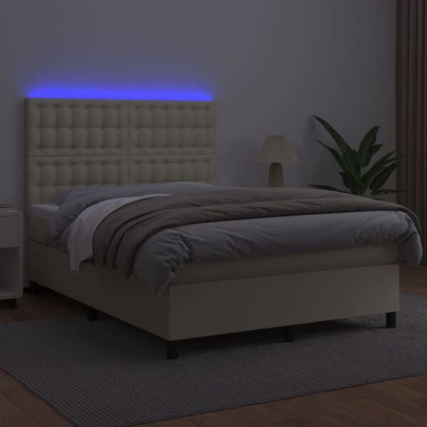 vidaXL kr&eacute;msz&iacute;nű műbőr rug&oacute;s &aacute;gy matraccal &eacute;s LED-del 140x190 cm