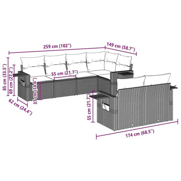 vidaXL 7 r&eacute;szes vil&aacute;gossz&uuml;rke polyrattan kerti &uuml;lőgarnit&uacute;ra p&aacute;rn&aacute;kkal