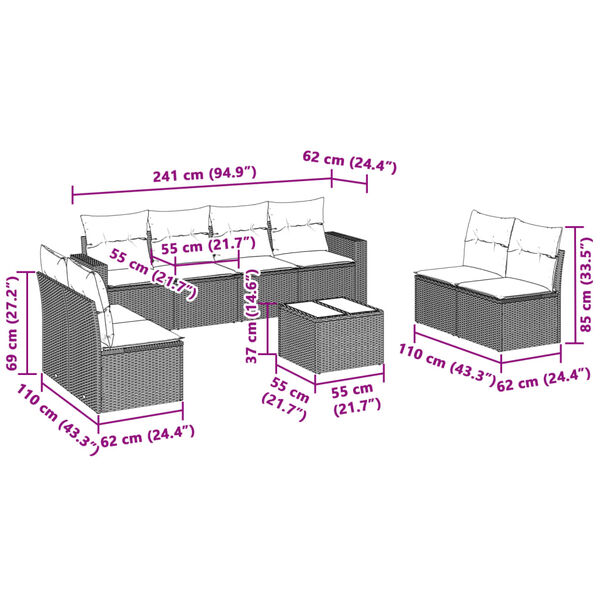 vidaXL 9 részes világosszürke polyrattan kerti ülőgarnitúra párnával