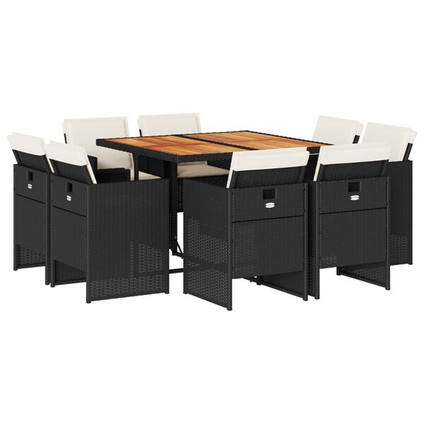 vidaXL 9 r&eacute;szes fekete polyrattan kerti &eacute;tkezőgarnit&uacute;ra p&aacute;rn&aacute;kkal