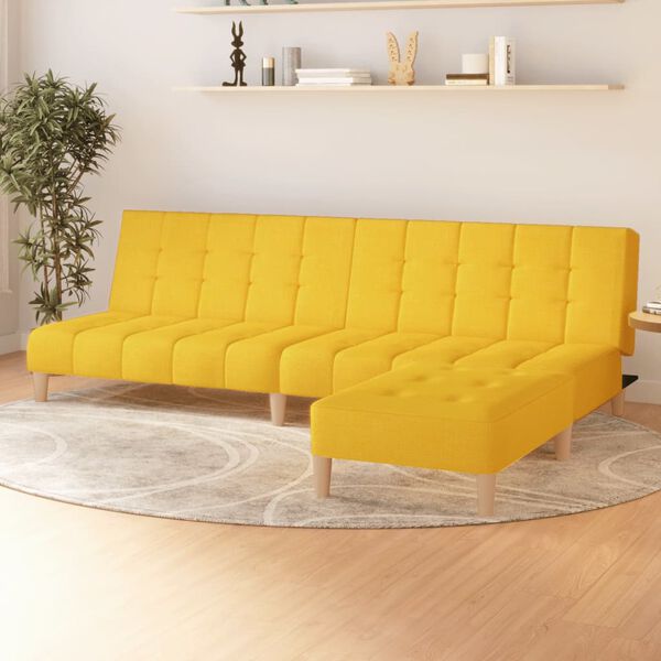 vidaXL k&eacute;tszem&eacute;lyes s&aacute;rga sz&ouml;vet kanap&eacute;&aacute;gy l&aacute;btart&oacute;val