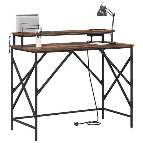 vidaXL Asztal polcokkal F&uuml;st&ouml;lt t&ouml;lgy 100 x 50 x 86,5 cm Faanyag