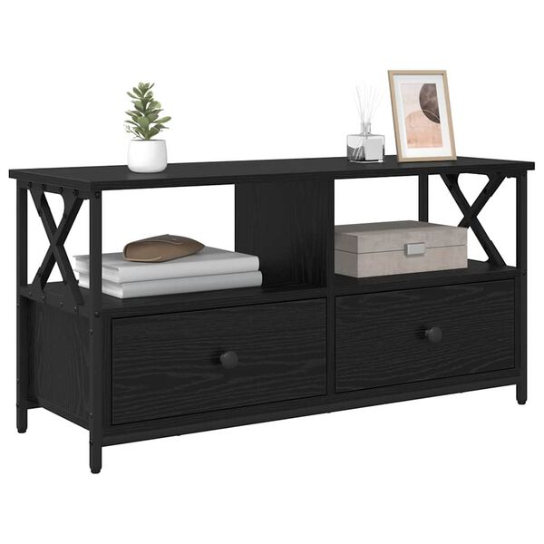 vidaXL TV szekr&eacute;ny Fekete t&ouml;lgy 90 x 33 x 45 cm Műszaki fa &eacute;s ac&eacute;l