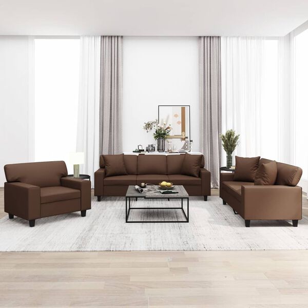 vidaXL 3 r&eacute;szes barna műbőr &uuml;lőgarnit&uacute;ra p&aacute;rn&aacute;kkal