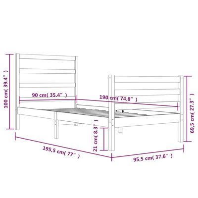 vidaXL szürke tömör fenyőfa ágykeret 90 x 190 cm (3FT Single)
