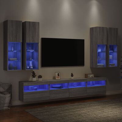 vidaXL 7 db szürke sonoma színű falra szerelhető TV-szekrény LED-ekkel