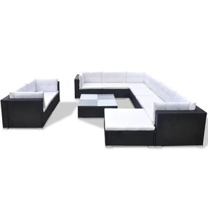 vidaXL 10-r&eacute;szes fekete polyrattan kerti b&uacute;torszett p&aacute;rn&aacute;kkal